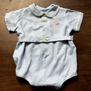 Vtg 50s Romper Embroidered Poodle 3 Months Baby Blue Retro Peter Pan Collar